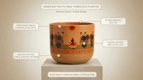 Image of Artisanal Pichwai Heritage Terracotta Planter, Glass Finish, Hand Crafted Shrinathji Motif, 11.4x10 cm | Planter Pot for Home Decor | Pooja Ghar Special Edition