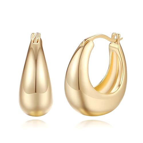 14K Gold Chunky Hoop Earrings for Women Vintage Textured Huggie Sleeper Earrings Lightweight Hypoallergenic Statement Earrings for Sensitive Ears(Medium)