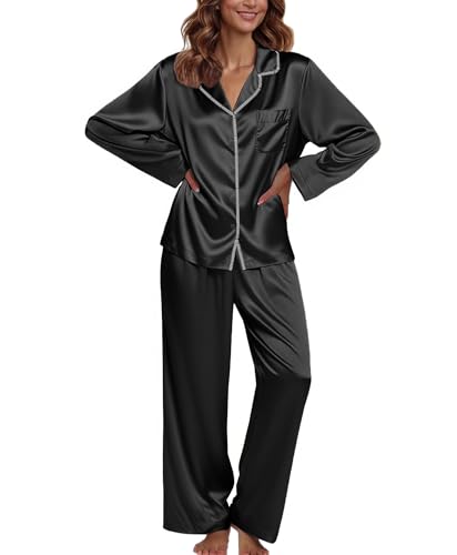 Ekouaer Pajamas For Women Set Silk Pjs 2 Piece Satin Sleepwear Long Sleeve Button Down Lounge Sets With Pant Black L