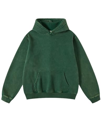 Arssm Mens Oversized Hoodie Acid Wash Pullover Vintage Cotton Heavyweight Sweatshirt Fleece Hoodie Men Streetwear(Green-M)