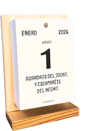 diapordia Calendario de Refranes en Español 2026, calendario de sobremesa con 365 refranes, soporte de madera reutilizable, para escritorio
