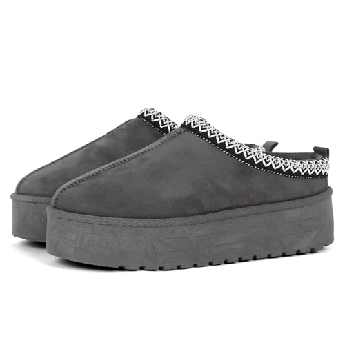 LUNATECH Womens Slippers Warm Winter Slippers Mules Platform Fluffy Slippers Fur Slipper Outdoor Thermal House Shoes For Ladies (GREY Adult Women 5 Numeric UK Footwear Size System Medium)
