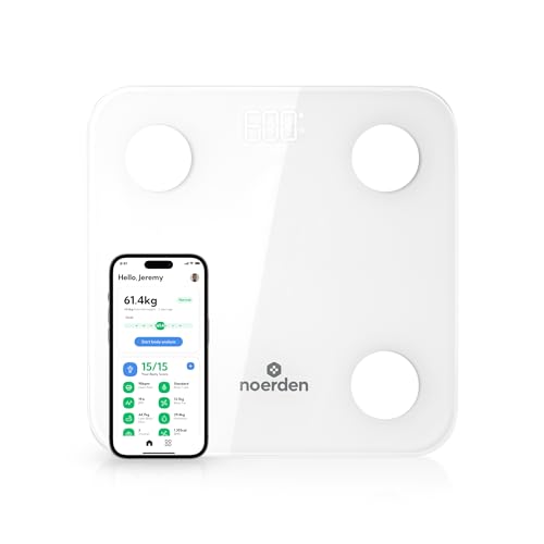 NOERDEN - Smart Body Scale MINIMI - Personenwaage mit Step-On-Technologie, Bluetooth, LED-Display, gehärtetes Glas, BIA Advanced Technologie, 4 Präzisionssensoren - 9 biometrische Analysen - Weiß