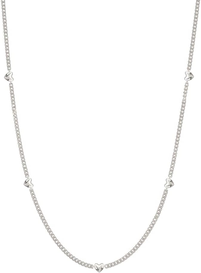 Mini Heart Station Vine Chain Necklace Solid 925 Sterling Silver + 14K Gold, 24K White Gold Small Heart Station on Flat Curb Chain Necklace for Women