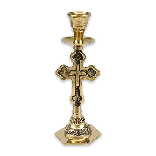Cross Shape Taper Candle Holder, Christian Bass Orthodox Candlestick, Height 5.11 inch
