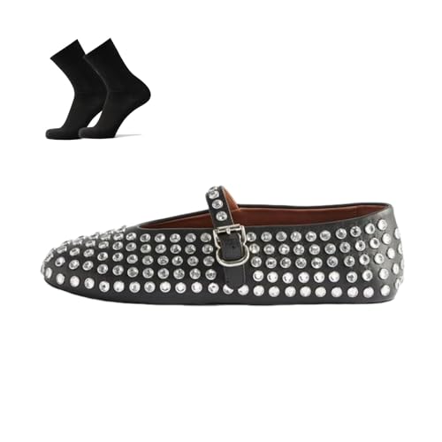 HESYSUAN Ballerines plates ultra confortables en maille avec strass cloutés pour femme, sangle à boucle (noir, 39)