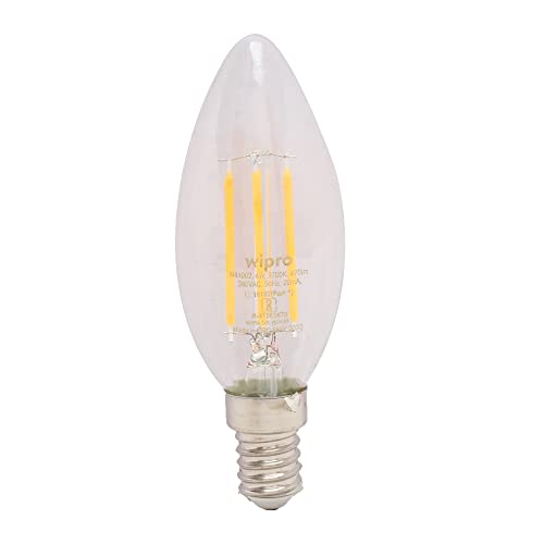Image of wipro Garnet 4 W E14 Base Candle Filament Bulb | Warm White (2700K) | Pack of 1 | Clear optics for sparkling effect | LED Filament Bulb for Home, office, chandellior, decorative lamp shade