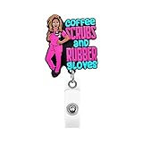 Reflections By Zana Coffee Scrubs & Rubber Gloves Retractable ID Badge Holder for Medical Nursing Professionals, Nurse Assistant, CNA Healthcare Worker with Slide Clip