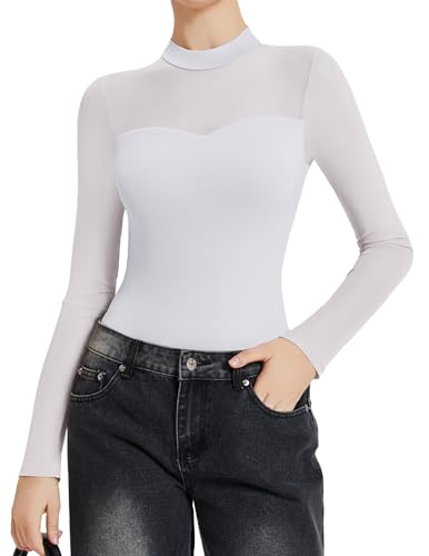 Avidlove Long Sleeve Bodysuits for Women Mock Neck Sheer Mesh Sleeve Bodysuit Double Lined Leotards Shirt Going Out Top