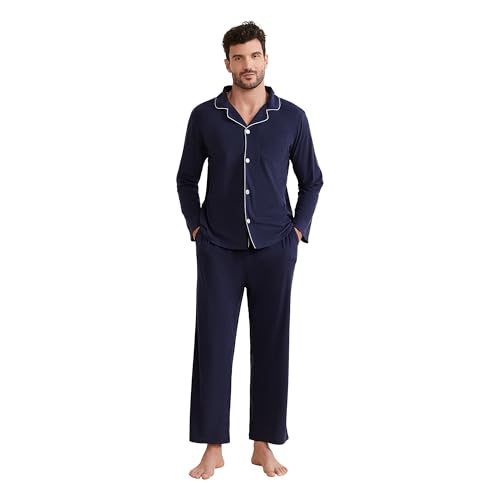 Vulcanodon Mens Button Down Pajama Set, Soft Classic Lapel Sleepwear Flannel Long Sleeve Pajama Set for Men