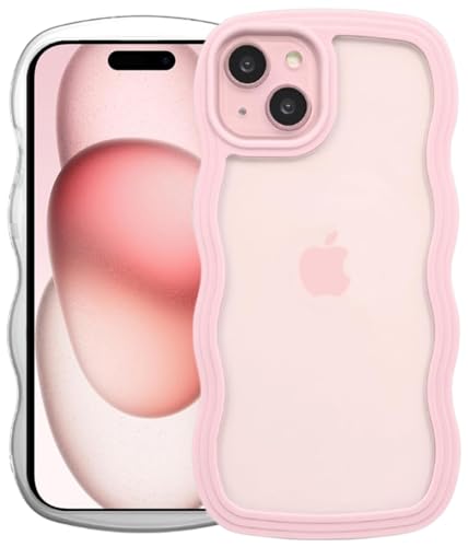 Image of GoldKart iPhone 15 Case Wavy Edge Clear Back Design, Anti-Slip Grip Cute Wave Curly Frame Shape Shockproof Soft TPU & Hard PC Bumper Protective Phone Case Cover for Women Girls - Pink