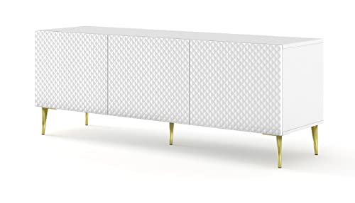 BIM Furniture TV-Schrank Ravenna C 150 cm 3D mit gefräster Front Hochglanz Hochwertiges MDF Diamant Metallbeine Lowboard Sideboard Kommode (Korpus: Weiß matt, Fronten: Weiß Hochglanz, goldene Beine)