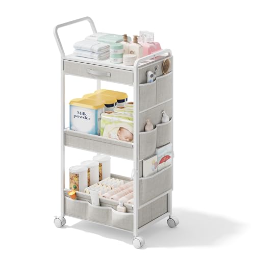 Image of BBLIKE 3-Tier Diaper Caddy Organizer - Rolling Utility Baby Cart with Drawer and Side Pockets for Nursery and Baby Essentials, Multi-Function Cart for Bedroom and Bathroom, White