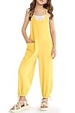 BesserBay Girls Summer Solid Drawstring Cuffs Adjustable Spaghetti Strap Sleeveless Jumpsuit Yellow Loose Fit Casual with Pockets Romper 9-10 Years