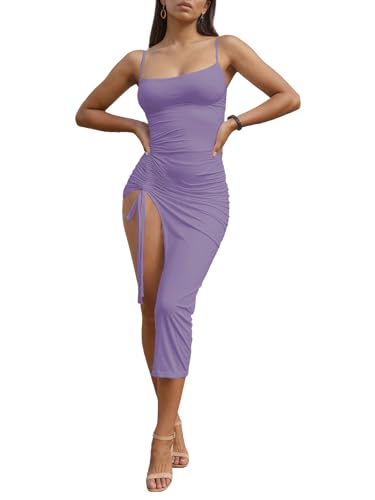 Image of Nimsruc Womens Sexy Summer Dresses Spaghetti Strap Thigh-high Slit Ruched Bodycon Maxi Club Cocktail Party Dress