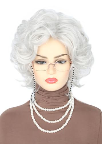 Topcosplay 5pcs Set White Old Lady Wig and Accessories Short Curly Granny Costume Wig Grandma wig Halloween Party Wigs
