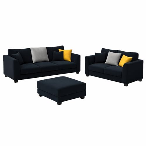 Image of SOCOZI Trevano 3+2 Seater Fabric Sofa Set with Ottoman | Soft Velvet Suede Upholstery | Modern Living Room Furniture (Black-Light Grey)