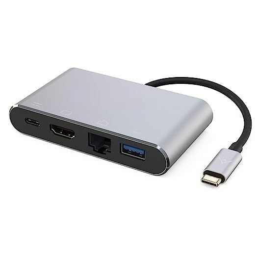 Image of USB HUB 4 in 1 USB-C to HUB HDMI, Ethernet, USB 3.0, USB Type-C Adaptor Converter for Type C Laptops and Desktop, Grey (USB C to 4 in 1 with RJ45 HUB)