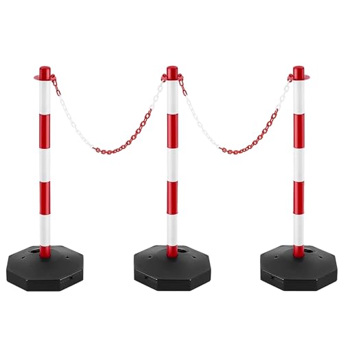 Image of 3 Traffic Safety Delineator Posts - Red and White | Height Adjustable Barrier Posts with Fillable Base and 4 Meter Plastic Chain | Portable Indoor Queue & Access Control Poles with S Connectors