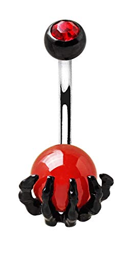 Black PVD Plated Skull Hand with Crystal Orb Belly Button Ring