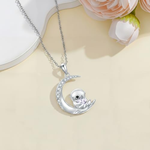 Image of PROESS Animal Birthstone Necklace 925 Sterling Silver Otter /Axolotl /Hippo /Elephant /Dachshund /Monkey /Red Panda Pendant Necklace Animal Birthstone Jewelry Gifts for Women
