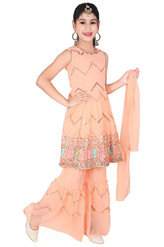 Image of Girl's Ethnic Wear Sleeveless Embellished Straight Georgette Net Full Length Kurti Sharara Set with duppta for Girls(SHRA011-$)