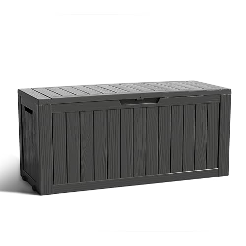 ROJIK Outdoor Storage Housing Deck Box - Waterproof Patio Furniture, Garden Tools, Cushions, Pool Accessories Storage Bench with Lockable Lid and Side Handles (Black 90 Gal)