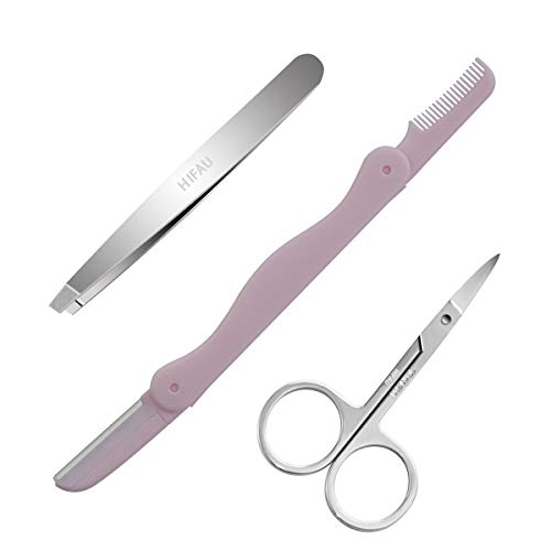 HIFAU Eyebrow Scissors 3 In 1 Kit, Eyebrow Razor and Comb Foldable Protection, Surgical Grade Stainless Steel Eyebrow Scissors and Tweezers, Mirror Polished, Easy to Carry, Travel Gift