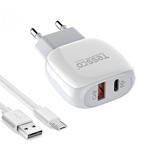 Image of (Tessco BC-202) 20W Dual USB Charger /Adapter (PD + QC3.0 Port) with Qualcomm Quick Charge 3.0 Technology | Android USB Cable Included - White
