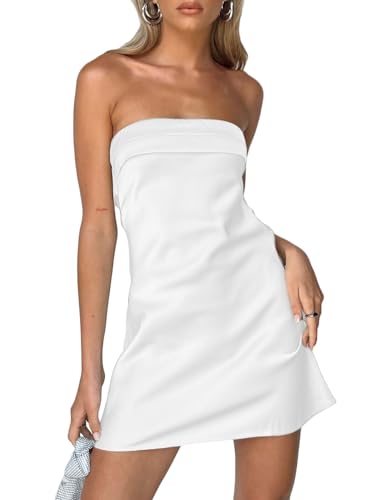 Realtix Womens Satin Silk Backless Strapless Mini Dress Sexy Low Back Tube Club Party Dress for Women White