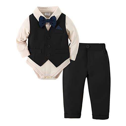 Image of DISAUR Baby Boy Clothes Toddler Boy Outfits 4PCS Gentleman Dress Romper /Vest /Pants /Bow Tie Cotton Suit Sets