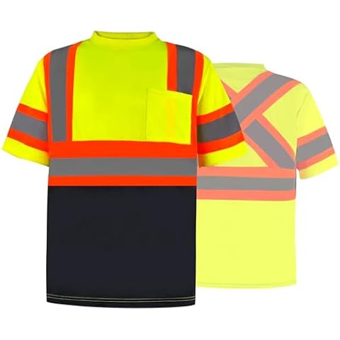 JHPAZUJA High Visibility Construction Safety Shirts for Men, Reflective Short Sleeve Breathable Shirt with Pocket Class 2 (Yellow, 4XL) Cover