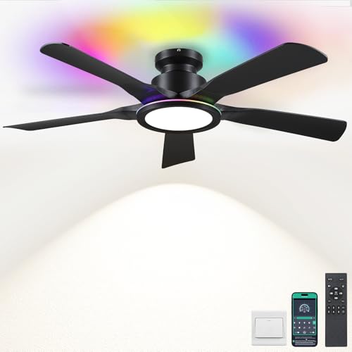 Wiviniya Ceiling Fans with Lights and Remote/APP Control, 52' Low Profile Flush Mount Ceiling Fan with Dimmable RGB Ring Light, 5 Reversible Curved Blades 3 CCT 6 Speeds for Bedroom Party, Black