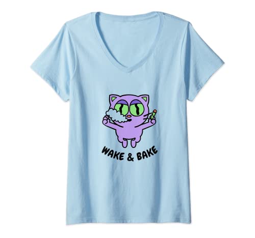 Mujer Kawaii Stoner Cat Wake And Bake Weed Lover Funny Stoner Regalo Camiseta Cuello V