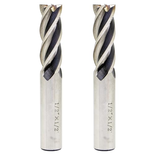 2PCS End Mill Set 1/2" Cutting Dia 1/2" Shank 4 Flute HSS End Mill Drill Bit, CNC End Milling Cutter for Wood, Aluminum, Steel, Titanium, Foam, Plastic