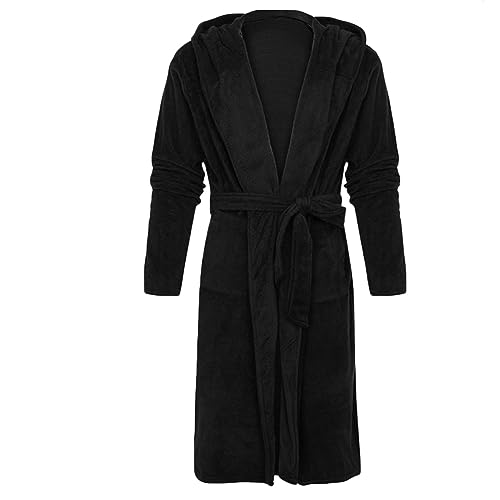 Mens Robe Fall Winter Warm Plush Bathrobe Solid Color Fleece Shower Robe With Hood Casual Long Sleeve Belt Cardigan2
