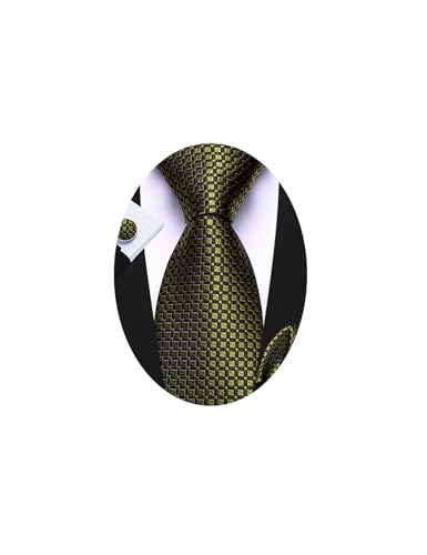 Image of Barry.Wang Plaid Ties Check Mens Necktie Set with Handkerchief Cufflinks Classic Stripe