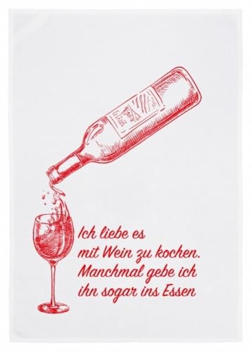 17;30 HOME - Geschirrtuch weiss, ICH LIEBE ES MIT WEIN ZU KOCHEN: MANCHMAL GEBE ICH IHN SOGAR INS ESSEN, rot