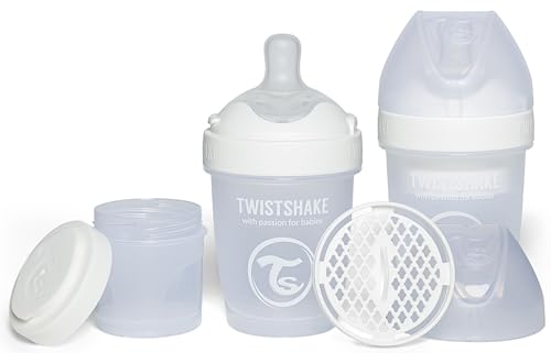 Twistshake 2x Pro Double Biberón Anticólicos con Recipiente para Leche en Polvo - 180 ml | Pezón de Silicona de Flujo Lento con Forma de Seno | Sin BPA | Adecuado para Bebés Recién Nacidos | Blanco