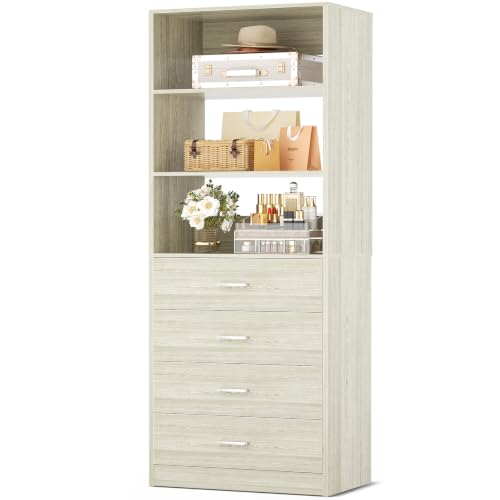 Aheaplus Wood Closet Organizer System with 4 Drawers, Modular Walk-in Closet Storage Unit, Small Closets Wardrobe Rack, Tall Storage Cabinet Unit, White Oak