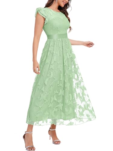 Image of Women's Casual Tulle Midi Dress Ruffle Sleeve Crewneck Lace Flowy Dresses Party Wedding Guest Sundress