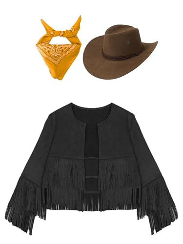 Boys Girls Cowgirl Cowboy Suits Unisex Long Sleeve Coat Jacket with Bandana Hat Cowboy Set3