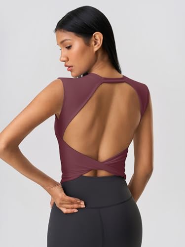 Image of ABOCIW Women Twist Back Workout Top with Built in Bra Cap Sleeve Pilates Yoga Crop Top Athletic Gym Shirt