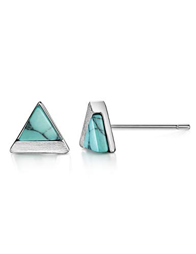 S925 Turquoise Stud Earrings Triangle Cut Sterling Silver Brushed Finish Fine Jewelry For Women