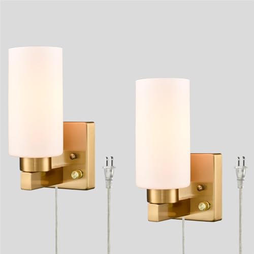Image of DEYNITE Modern Plug in & Hardwired Wall Sconce Brass Bathroom Vanity Light | Set of 2 Wall Mounted Light with milky white glass shade rotary on /off dimmable switch for bathroom bedroom
