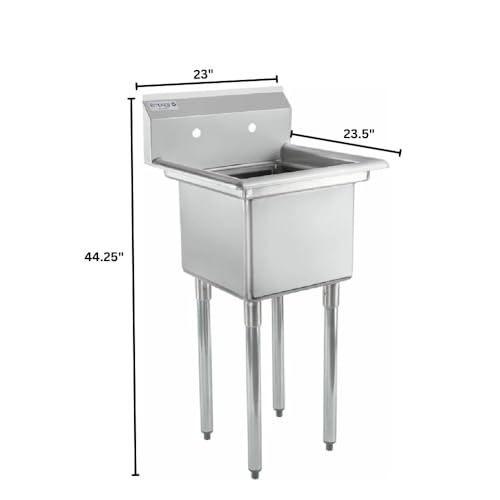 Image of Empura 23 inch Wide Stainless Steel One Compartment Commercial Sink | Prep Utility 15 x 15 Bowl for Restaurant Laundry Garage | 3.5 inch Drain Basket, 9.75 inch Backsplash, 23 inchW x 23.5 inchD x 44.25 inchH, 18 Gauge, NSF