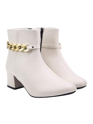 Image of Shoetopia Women's Synthetic Leather Ankle Boots - Stylish Block Heel Zip Closure Boots with Golden Buckle Detail for Casual & Party Footwear