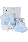 Baby Box Shop Personalised Baby Boy Gift Set – Hooded Baby Towel, Star Plaque & Keepsakes in Magnetic White Gift Case – Personalised Blue Blanket & Elephant Comforter for Newborns (Blue)