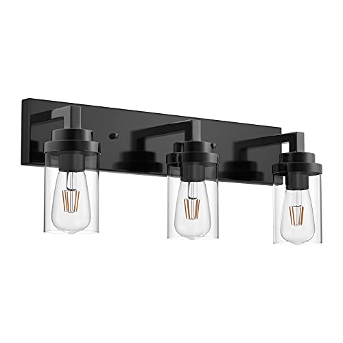 Image of MELUCEE Vintage Bathroom Lighting Fixtures Over Mirror, 3-Light Modern Vanity Lights Black Finish Industrial Wall Sconce with Clear Glass Shade