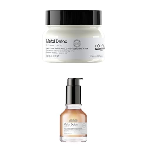 L’Oréal Professionnel, Rutina Con Mascarilla 250 ml, Aceite 50 ml y Crema Sin Aclarado 100 ml, Para Cabello Seco, Dañado o Teñido, Color Duradero y Brillante, Pelo Más Fuerte y Nutrido, Metal Detox
